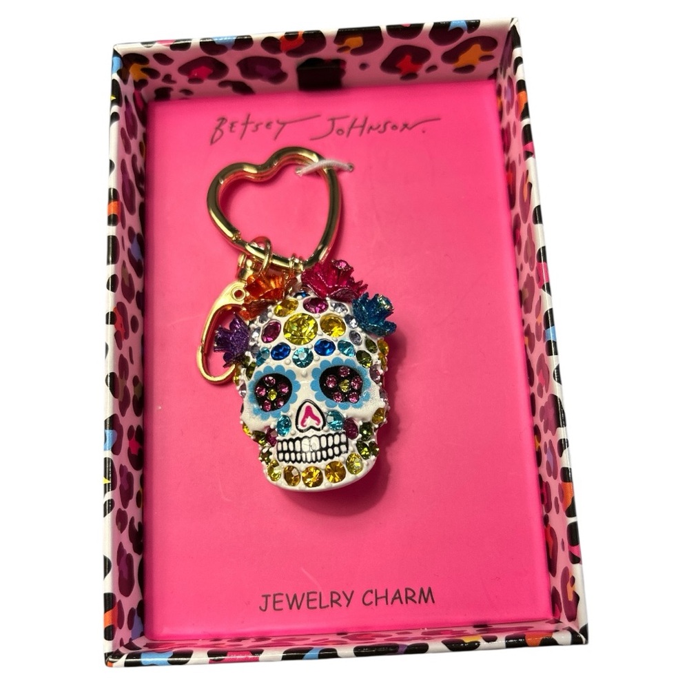 Betsey Johnson Multicolor skull key chain bag charm with rhinestons NIB - Picture 2 of 3